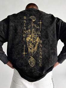 Men's Spring/Autumn Fashion Versatile Guide Heart & Brain English Print Crew Neck Faux Washed Long Sleeve T-Shirt - Black - View 2