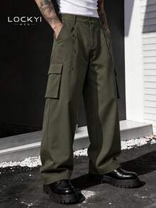 Men's Army Green Wide Leg Cargo Pants, Loose Fit With Multiple Pockets, Long Pants - Army Green - View 1