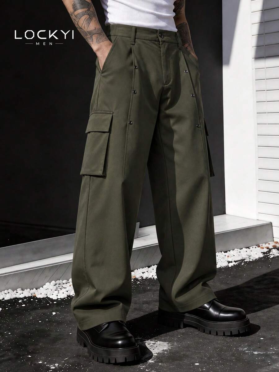 Men's Army Green Wide Leg Cargo Pants, Loose Fit With Multiple Pockets, Long Pants - Army Green - View 1