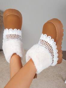 Women Faux Suede Ankle Snow Boots White Faux Fur Cuff Lace Crochet Trim Platform Thick Sole Winter Booties - Camel - View 2