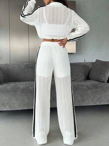 Women's Hollow Mesh Knit 2 Pieces Set, Zipper Short Jacket And Side Stripe Wide Leg Pants, Casual Sportswear - White - View 3
