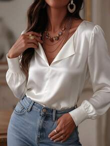 EARO Women's Fashion Long Sleeve Blouse, White, Regular Fit, Silky Satin Fabric, Suitable For Daily Wear - Apricot - View 3