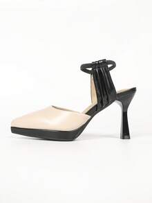 Women's Elegant Apricot Color Patchwork Pointed Toe Pumps, Stiletto Heel Ankle Strap Buckle, Commute And Date High Heels - Apricot - View 2
