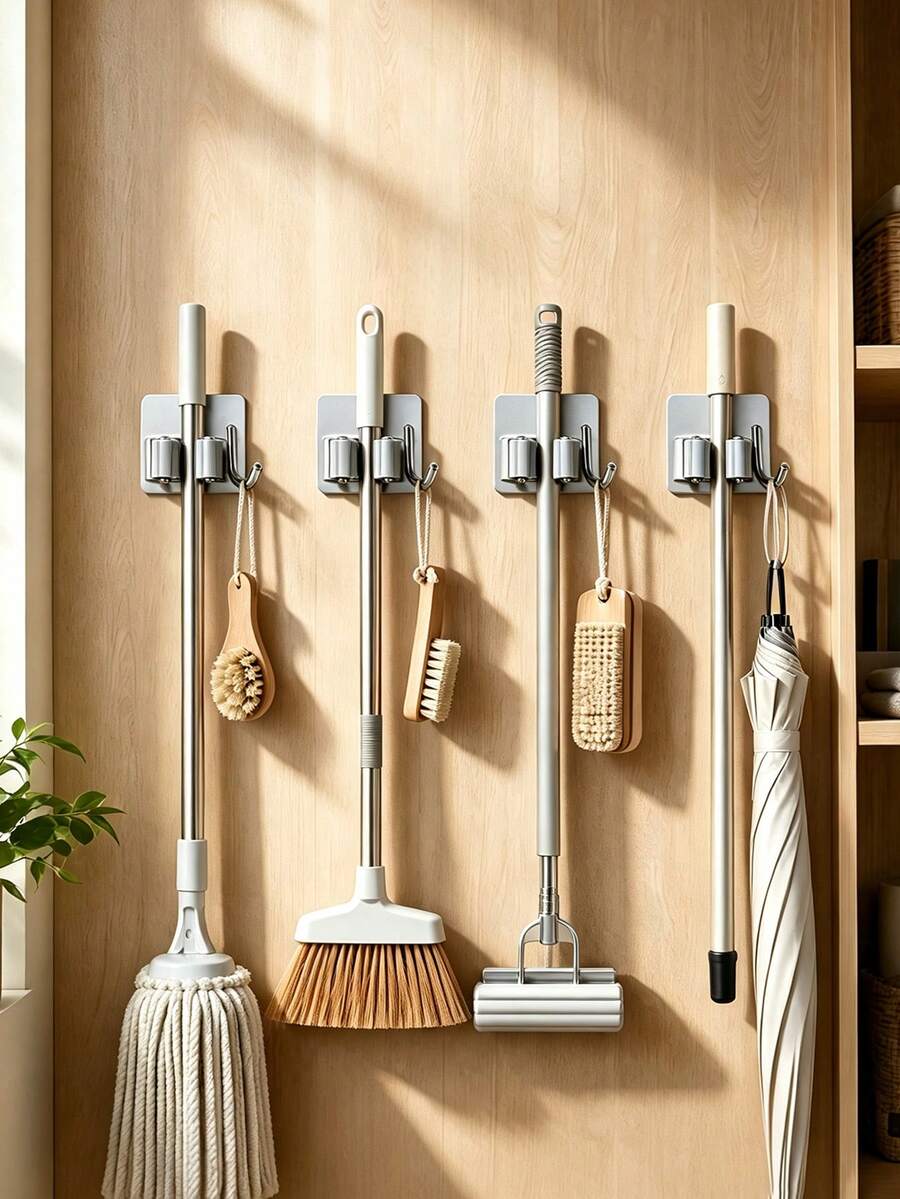1/2pcs Bathroom Mop Holder, No-Drill Mop Storage Rack, Strong Adhesive Mop Clip Organizer, Suitable For Bathroom And Kitchen, Practical Hook - Storage Rack - View 1