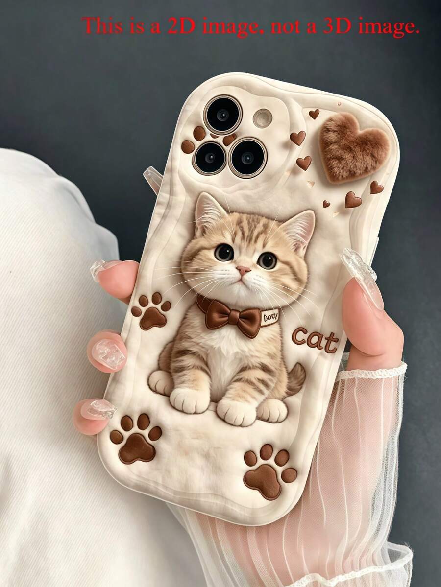 Cream Wavy Edge Phone Case, Cream Color Wavy Frame Phone Case, 2D Printed Plush Texture Tiger Cat With Bow, Paw Print, Heart Pattern Anti-Drop Soft TPU Phone Case, Compatible With Apple 11, 12, 13, 14, 15, 16, 17, 18 Pro Max. Beautiful Phone Case Suitable For Women And Girls, Compatible With Galaxy, Honor, Phones - White - View 1