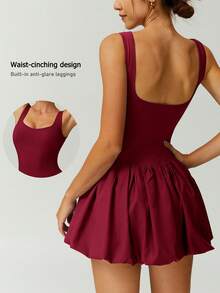NcmRyu 1pc Women's Fashion Elastic Yoga Running Fitness Tennis Pickleball Golf Training Sports Dress - Red - View 2