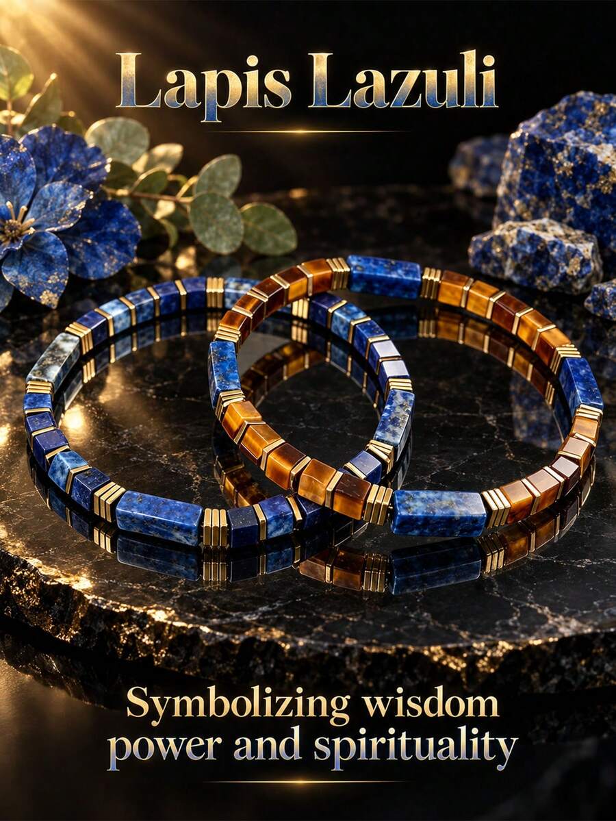 2pcs/Set Vintage Style Lapis Lazuli 5mm Square Bead Bracelet, Symbolizing Wisdom, Power And Spirituality, Handmade Natural Stone Elastic Cord Jewelry, Best Gift Choice For Friends - Multicolor - View 1