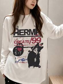 Kaos Wanita Lengan Panjang Leher Bulat, Motif Kucing & Huruf Baru Musim Semi/Gugur, Atasan Longgar Serbaguna Kasual Modis - Putih - View 9