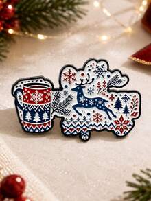 Christmas Reindeer Mug Shaped Brooch With Snowflake And Pine Tree Pattern, Clothing And Bag Decorative Accessory, Holiday Atmosphere Outfit Accessory - A - View 6