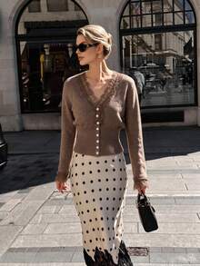 NOVELLE Women's Pure Desire Style Lace Patchwork Knit Cardigan, Autumn Winter Waist V-Neck Button Front, For Daily, Going Out, Commute And Dating - Brown - View 5