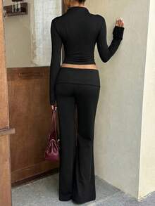 Women's Personalized Stand Collar Slim Fit Flattering Hook-And-Eye Cardigan Top And Casual Pants Set - Black - View 6