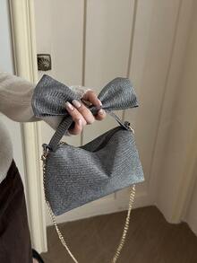 Glossy Bow Evening Clutch, Party Handbag, Wristlet, Shoulder Crossbody Bag - Grey - View 5
