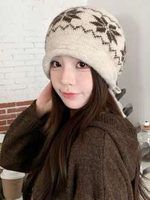 1PC Women's Jacquard Rolled Edge Knitted Beanie, Autumn/Winter Head-Covering Ear-Protective Cold Hat, Large Head Circumference Warm Woolen Slouchy Hat - A - View 6