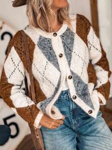 Live To Mo Women's Argyle Colorblock Round Neck Knit Cardigan, Loose Long Sleeve Sweater Jacket, Vintage Casual Top, Suitable For Autumn Back To School And Daily Wear - Khaki - View 8