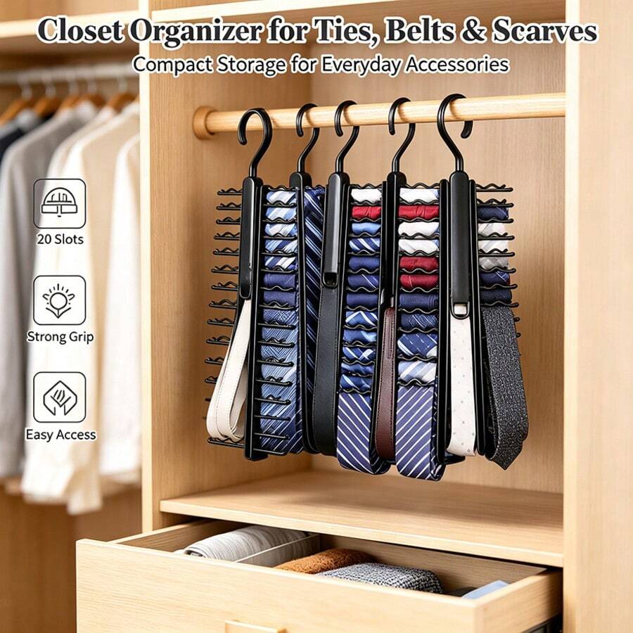 1PC Tie & Belt Storage Rack, 20-Slot Design, Large Capacity Wardrobe Scarf & Belt Organizer - Multicolor - View 1