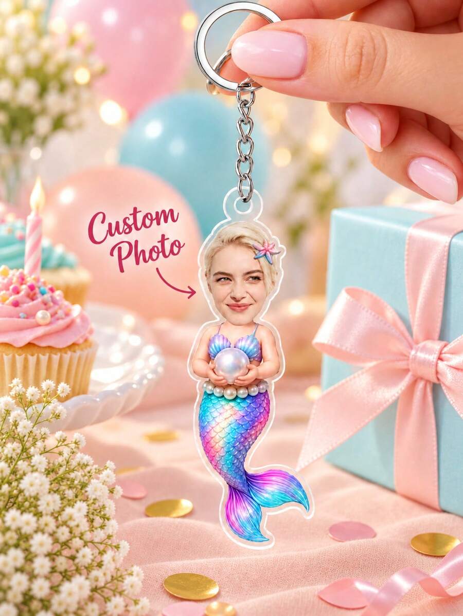 1pc Custom Photo Mermaid Acrylic Keychain, Personalized Face Cartoon Mermaid Body Key Chain, Girls Birthday Gift, Mermaid Lover Novelty Keepsake,Ocean Fantasy Accessory,Ocean Theme Present - Multicolor - View 1