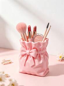 Cute Bow Decor Makeup Brush Holder, PU Leather Drawstring Bag Style Cosmetic Storage Cup, Desktop Vanity Organizer Box, Suitable For Lipstick, Eyebrow Pencil, Women's Makeup Table Decor Gift - Multicolor - View 11
