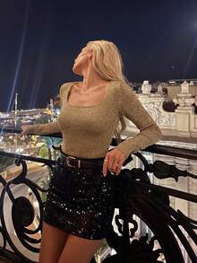 Women's Autumn/Winter Elegant Atmosphere Fine Glitter Gold & Silver Thread Square Neck Knit Base Layer Top, Slim Fit Flattering Short Cropped Waist Long Sleeve Inner Layer Sweater, Solid Color, Suitable For Date, Party, Daily Commute, Casual Wear - Gold - View 5