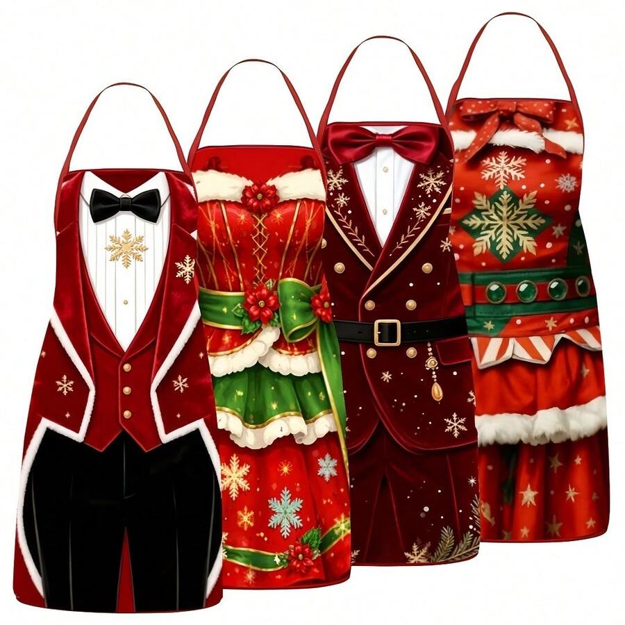 4Pcs Christmas Suit Style Snowflake Printed Kitchen Apron, Cooking Apron For Holiday Home Themed Party - Multicolor - View 1