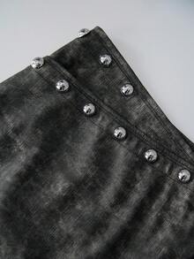Chân váy mini quấn denim giặt kiểu vintage, đính đinh tán punk, dáng ôm body bất đối xứng, cạp cao, phong cách Y2K Goth, váy ngắn dự tiệc clubwear - màu đen - Xem 7
