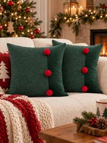 1pc/2pcs Christmas Color Block Pillow Case, Hunter Green Chenille Velvet White Pom Pom Button Cushion Cover, Dual Color Farmhouse Style Sofa Pillow Case, Suitable For Sofa And Living Room Fireplace, Holiday Winter Cozy Decor, Size 18x18 Inches, Pillow Insert Not Included - Red - View 8