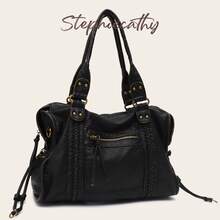 STEPHIECATHY Unisex Retro Casual Chic Street Style Washed PU Leather Tote Bag, Zipper Closure, Multi-Functional Pockets, - Black - View 1