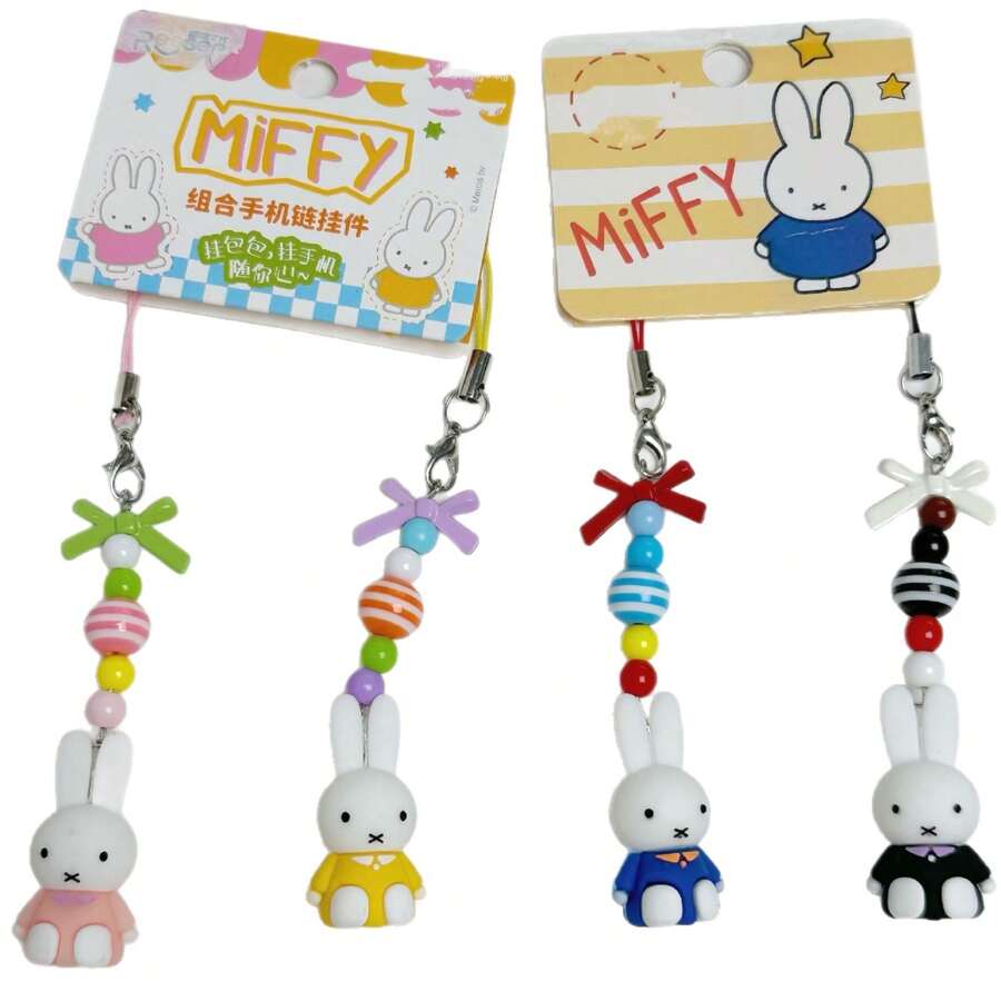 MIFFY 1pc Cute Cartoon Rabbit Plush Beaded Keychain, Colorful Beads & Bow Decor Keyring, Japanese Style Cute Phone Strap Pendant, Backpack & Handbag Charm, Adorable Birthday Gift For Girls & Teens, Suitable For Birthday, Easter, Holiday Party Gifts - Multicolor - View 1