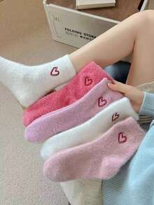 5 Pairs Autumn/Winter Mink Fur Heart Plush Cute Sweet Mid-Calf Socks, Thickened Warm Home Sleep Socks - Multicolor - View 1