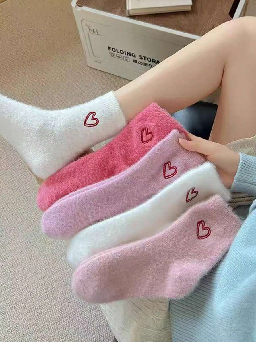 5 Pairs Autumn/Winter Mink Fur Heart Plush Cute Sweet Mid-Calf Socks, Thickened Warm Home Sleep Socks - Multicolor - View 1