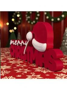 Merry Christmas Decorative Sign, 1pc 3D Letter Sign With Small Christmas Hat Design, Adds Festive Atmosphere, Perfect For Desktop, Shelf Or Window Sill Decoration During Christmas - A - View 6