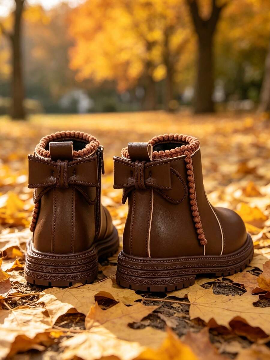 1 Pair Girls' Short Chelsea Boots, Soft PU + Back Bow Decor, Round Toe Elastic Soft Sole Inner Zipper Design, Cute Casual Princess Boots, Suitable For Daily School, Holiday, Party, Autumn/Winter New Style