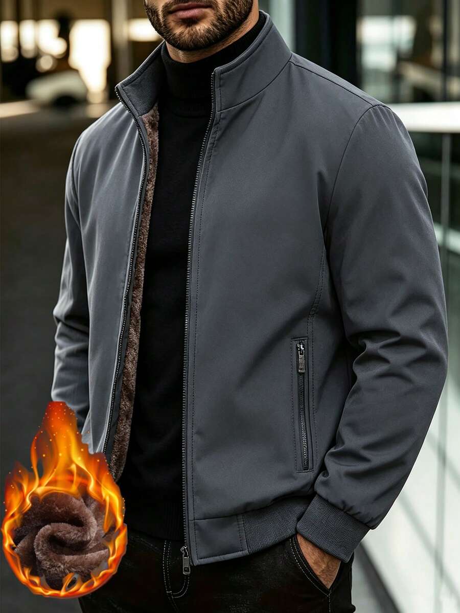 Men's Stand Collar Zipper Casual Flight Jacket, Autumn/Winter Jacket Coat - Grey - View 1