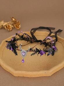 Moon Crystal Flower Crown Headband Black Leaves Gothic Witch Elf Fairy Headpiece Halloween Cosplay Renaissance Wedding Party Hair Accessory - Multicolor - View 6