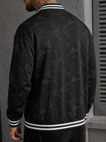 Men's All-Over Geometric Print Thermal Lined Baseball Collar Zip-Up Jacket, Loose Fit Outdoor Sports Top - Black - View 3