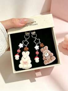 2pcs Cute Flocking Bunny Keychain,Kawaii Rabbit Mushroom Star Bag Charm,Animal Pendant Key Ring For Handbag Purse Backpack Car Keys, Girls Women Gift - Multicolor - View 4