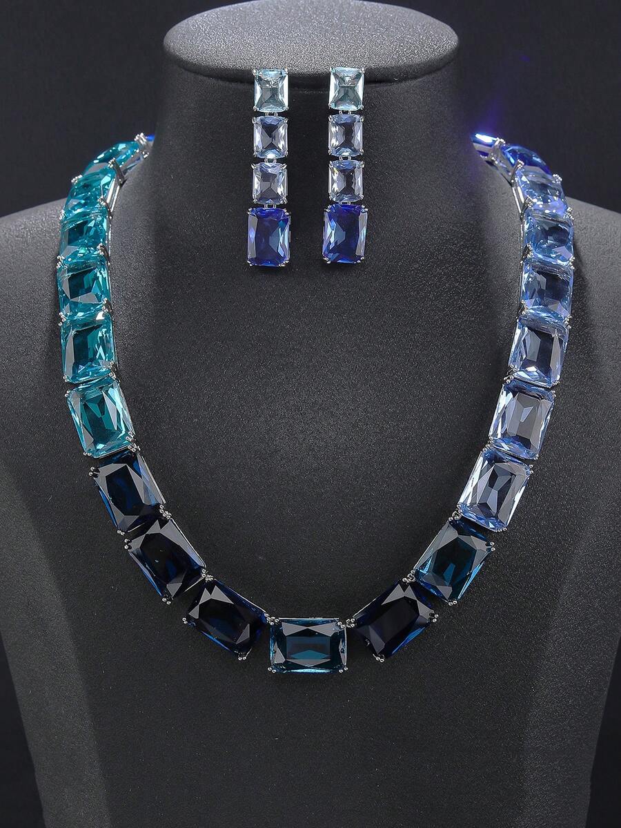 1Set/3Pcs Geometric Multi‑Color Cubic Zirconia Jewelry Set Brass Inlaid Necklace Earrings Bridal Wedding Evening Party Costume Jewelry Gift For Women - Jewelry Sets - View 1