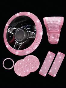 1 SET Car Diamond Steering Wheel Cover, Shiny Rhinestone Seat Belt Cover, Car Cup Holder Mat Combination - Multicolor - View 8