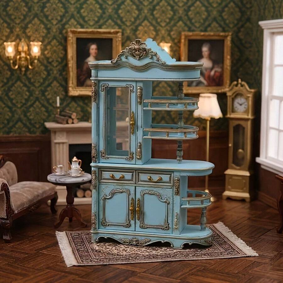 Miniature Vintage Distressed Carved Storage Cabinet Display Case Miniature Model, Dollhouse DIY Furniture Accessory, Model House Living Room Scene Decoration Ornament And Photography Prop, Micro Landscape Handmade Craft, Perfect Holiday Gift Choice, Model Collectible - Blue - View 1