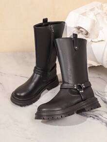 2026 Women's Boots Fashion Versatile Round Toe Thick Sole High-Top Mid-Calf Boots With Buckle And Pleated Design - Black - View 2