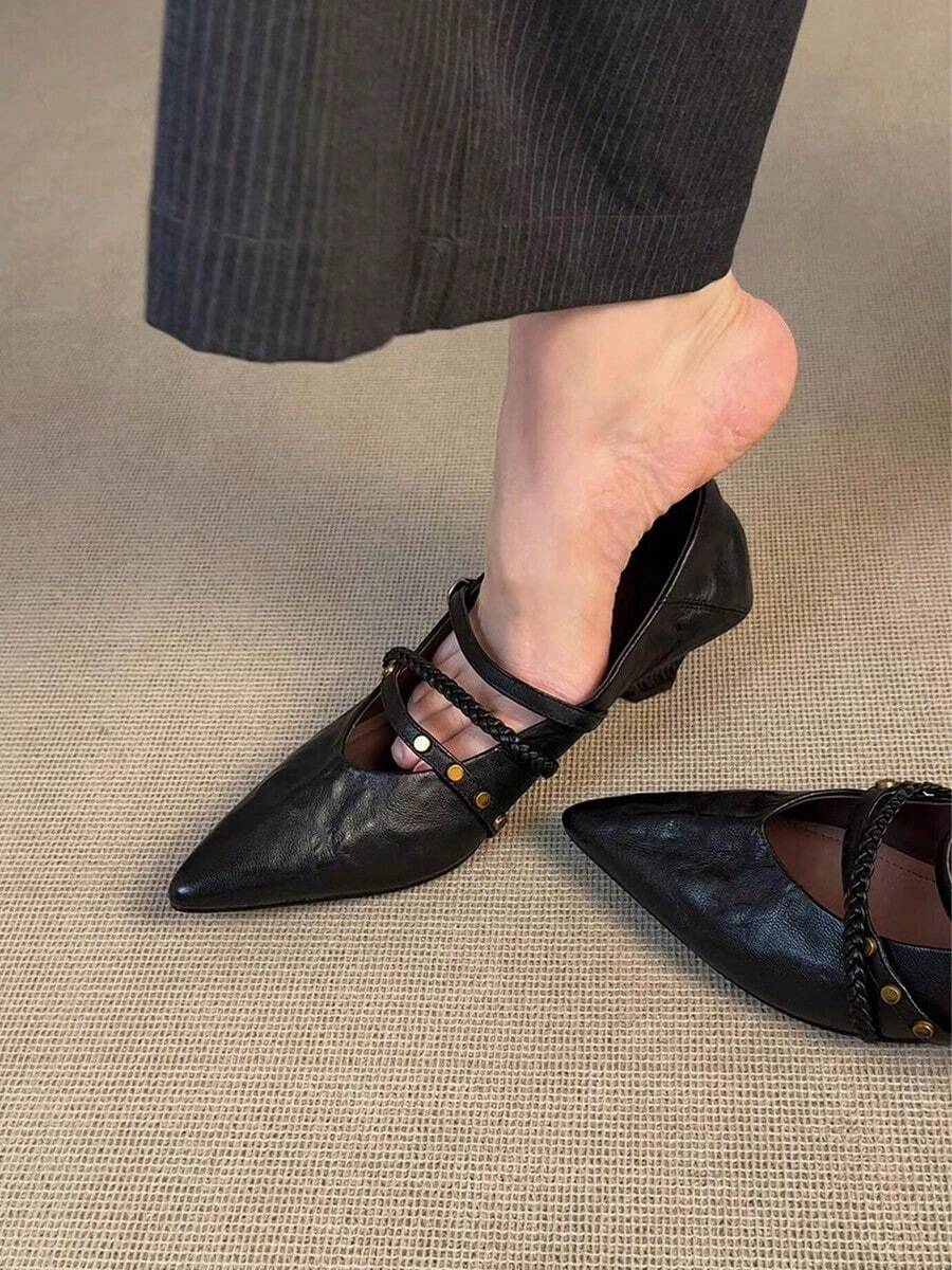 優雅基礎中性色 PU 皮革扣飾高跟鞋,適合戶外穿著 - 黑色 - 查看 1