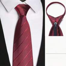 1 Set Fine Striped Tie, Pocket Square, Tie Clip 3 Pieces Set Suitable For Business Travel, Wedding, Banquet - Burgundy - View 4
