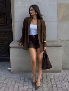 Women's Elegant Vintage Business Versatile Suede Design Minimalist Blazer, Suitable For Daily Commute, Outings, Workplace, Office Wear, Autumn/Winter Style - Coffee Brown - View 5