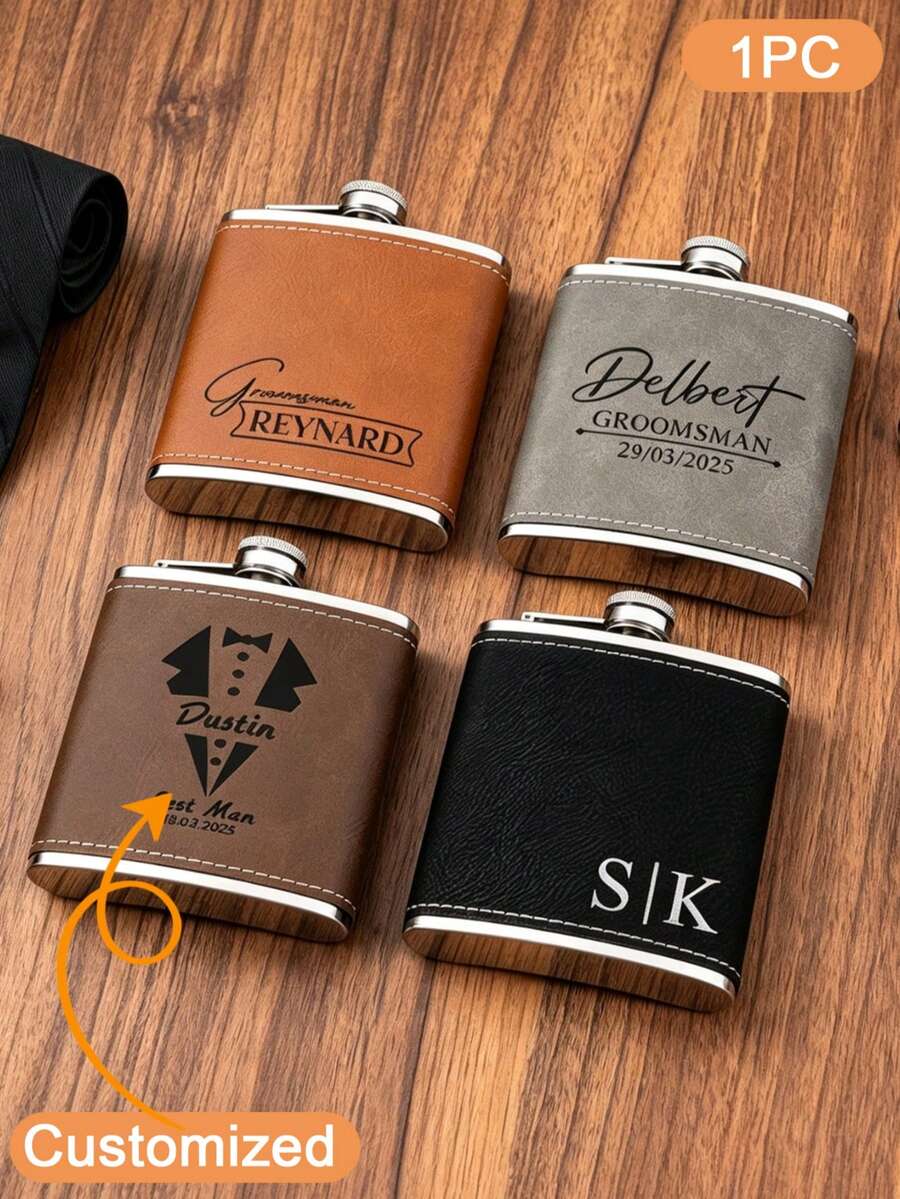 1pc Personalized Groomsmen Flask, Leather Wrapped, Engraved Flask, Engraved Groomsmen Flask, Men's Gift, Wedding Gift, Customized Flask, Flask, New Year Gift - Multi-color 2 - View 1