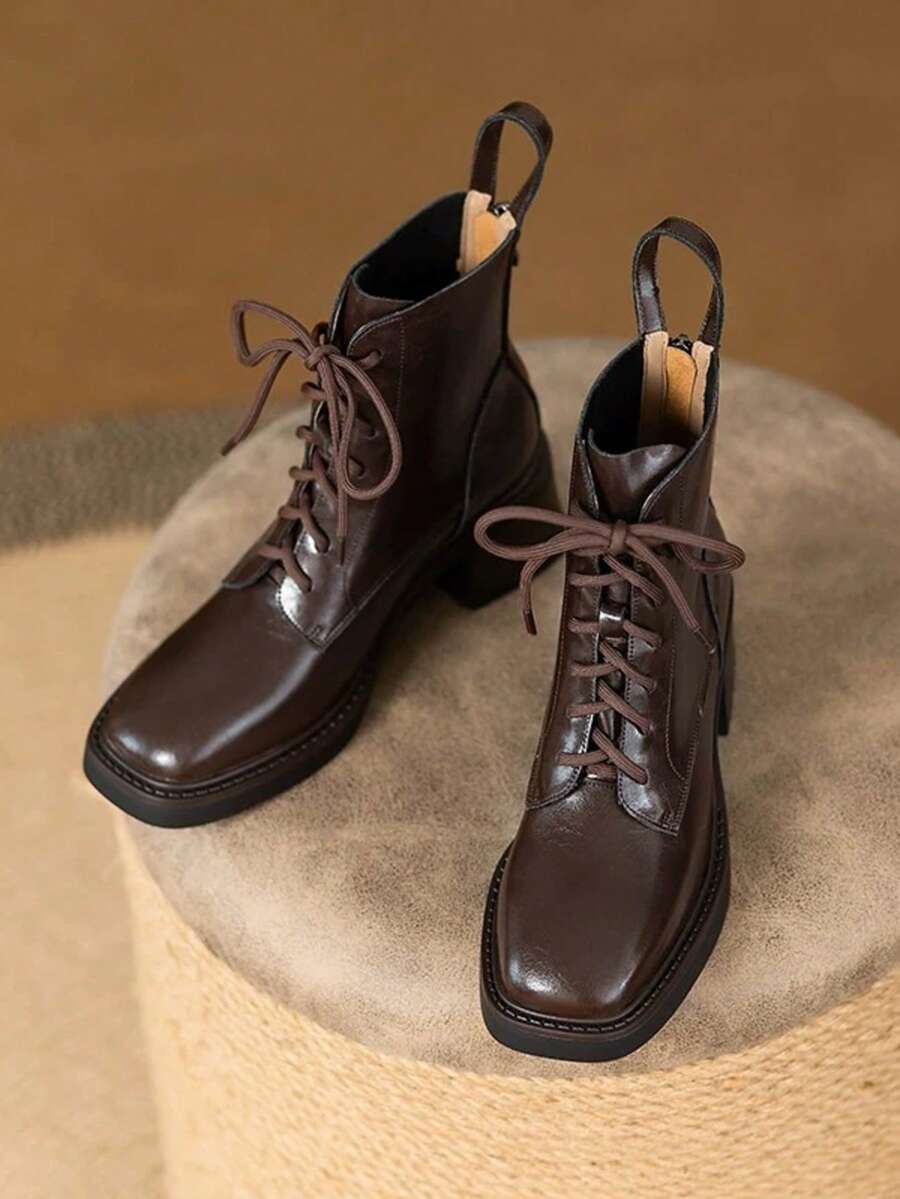 Women's Faux Leather Lace-Up Ankle Boots, Round Toe Chunky Heel Workwear Fashion Ankle Boots - Brown - View 1