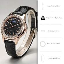 Women's Classic Fashion Rectangular Rhinestone Inlaid Round Case PU Leather Strap Bar Index Quartz Wristwatch Elegant Business Style Watch - Star and Moon - View 4