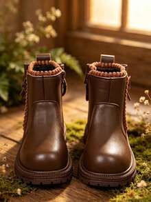1 Pair Boys' Chelsea Boots, Soft PU + Elastic Fabric Material, Round Toe Soft Sole With Inner Zipper Design, Classic British Style Student Ankle Boots, Suitable For Daily School Wear And Festivals, Autumn/Winter New Arrival - Coffee Brown - View 6