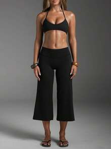 High Waist Wide Leg Capri Pants, Casual Pure Black Loose Capri Pants, Comfortable Slimming Versatile Sports Summer Style - Black - View 3