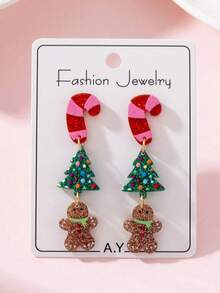 1 Pasang Anting-Anting Perhiasan Wanita Desain Pohon Natal Tongkat Natal Berkilau dan Manusia Kue Jahe yang Lucu, Hadiah Sempurna untuk Pesta Liburan - MultiWarna - View 1