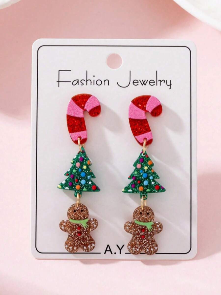 1 Pasang Anting-Anting Perhiasan Wanita Desain Pohon Natal Tongkat Natal Berkilau dan Manusia Kue Jahe yang Lucu, Hadiah Sempurna untuk Pesta Liburan - MultiWarna - View 1