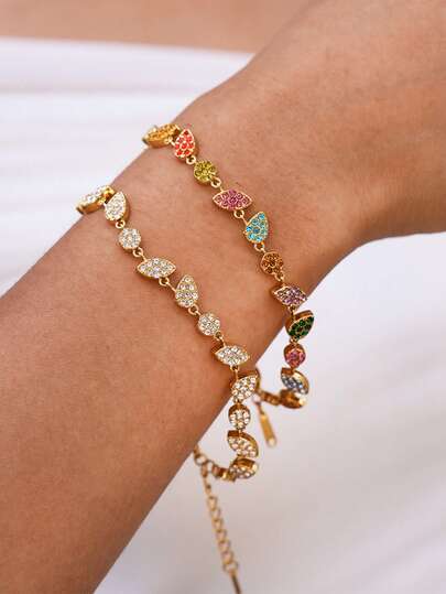 2pcs/1pc 18K Gold Plated Stainless Steel Luxury Bracelet, Optional Colorful Or White Cubic Zirconia, Exquisite Chain Design, Suitable For Daily Wear, Party, Summer Outings, Also A Great Gift Choice For Women's Birthday, Valentine's Day, Christmas
